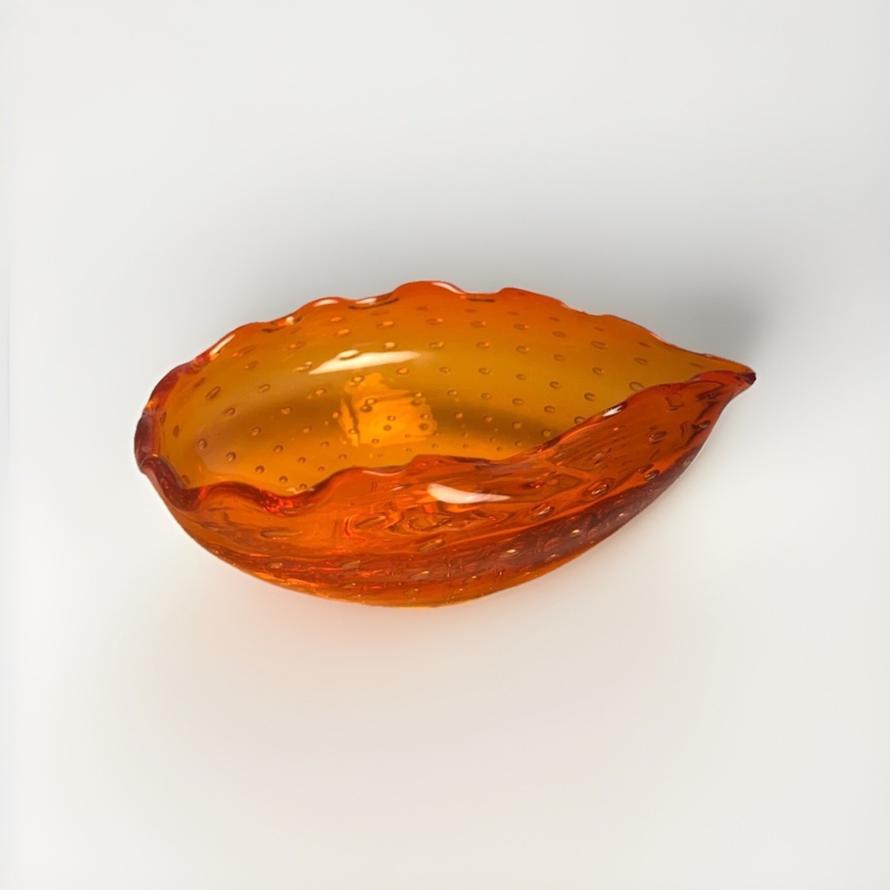 Vintage Murano Style Amber Orange‎ Bullicante Art Glass Bowl Teardrop Shape 6"